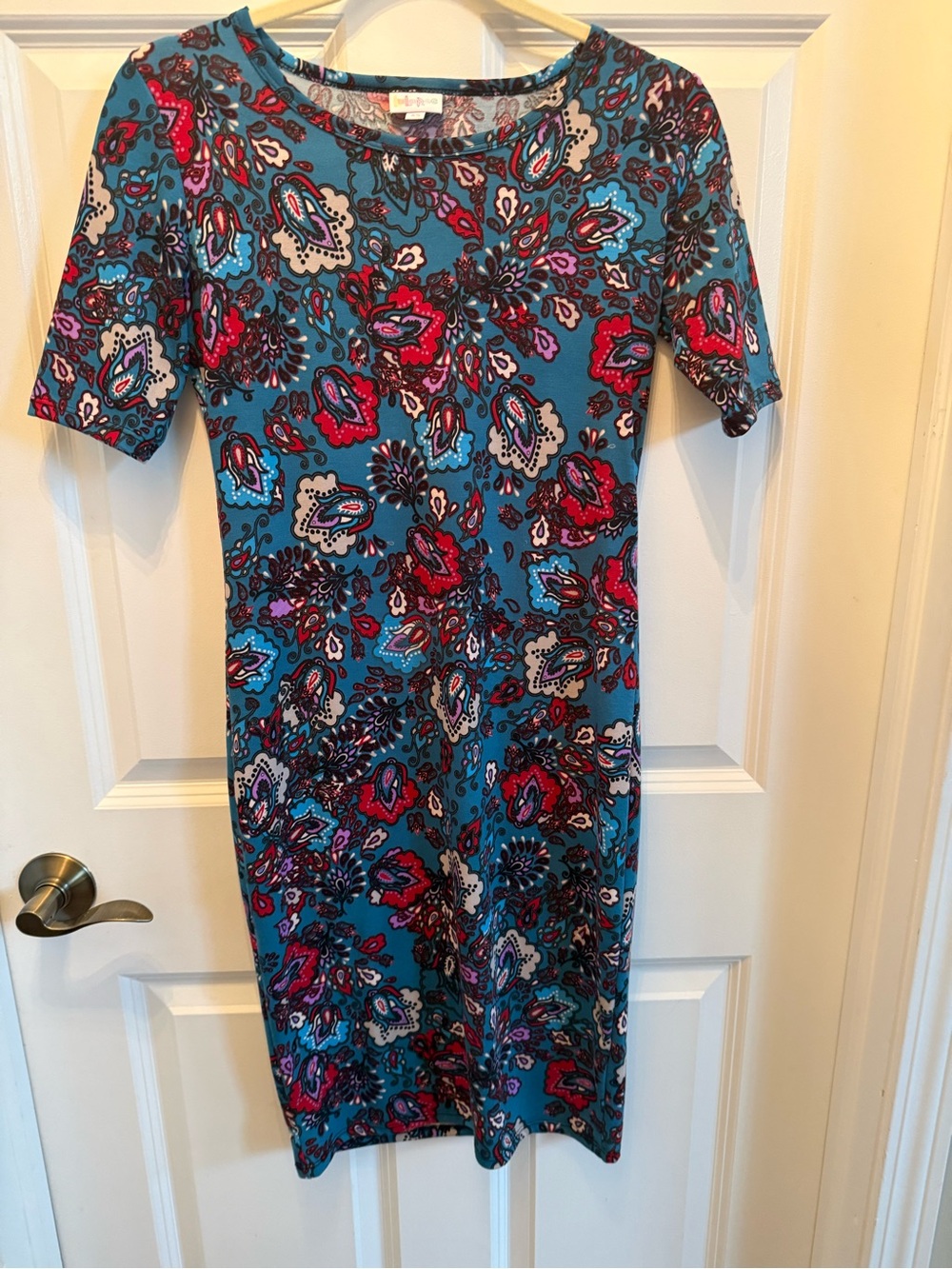 LuLaRoe Teal Midi Dress with Pink and Navy Paisley Print